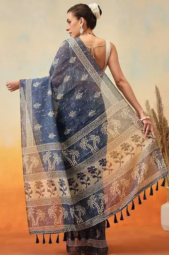 Blue printed cotton blend ethnic saree with blouse piece