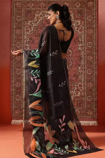Black printed cotton blend ethnic saree with blouse piece