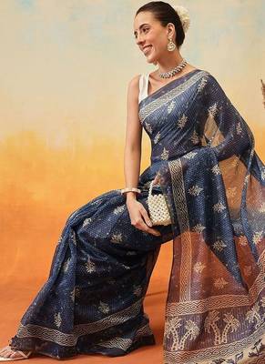 Blue printed cotton blend ethnic saree with blouse piece 4