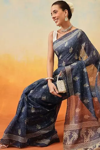 Blue printed cotton blend ethnic saree with blouse piece