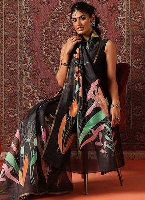 Black printed cotton blend ethnic saree with blouse piece 3