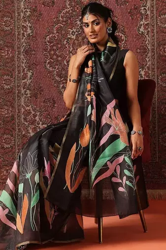 Black printed cotton blend ethnic saree with blouse piece