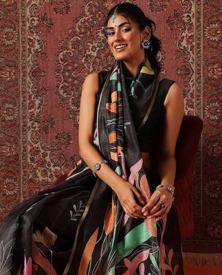 Black printed cotton blend ethnic saree with blouse piece 4