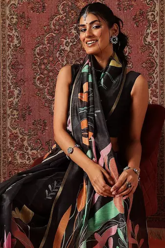 Black printed cotton blend ethnic saree with blouse piece