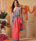 Coral printed cotton blend ethnic saree with blouse piece