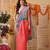 Coral printed cotton blend ethnic saree with blouse piece