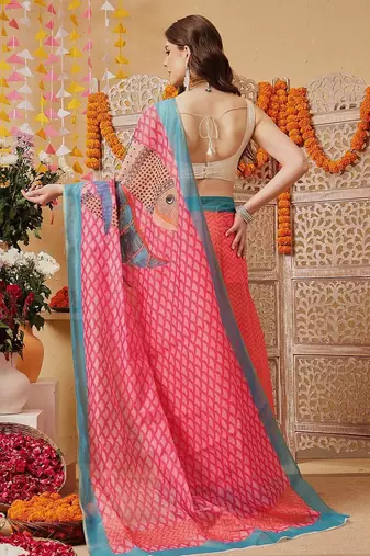 Coral printed cotton blend ethnic saree with blouse piece