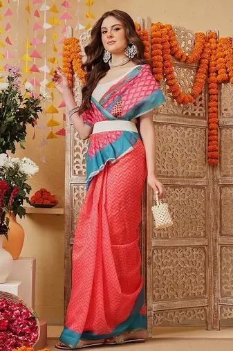 Coral printed cotton blend ethnic saree with blouse piece