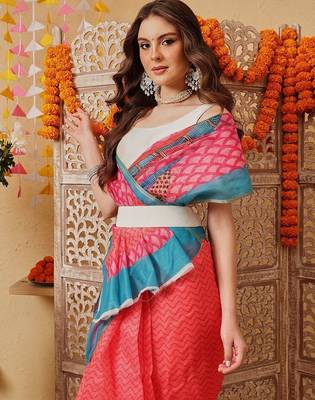 Coral printed cotton blend ethnic saree with blouse piece 4