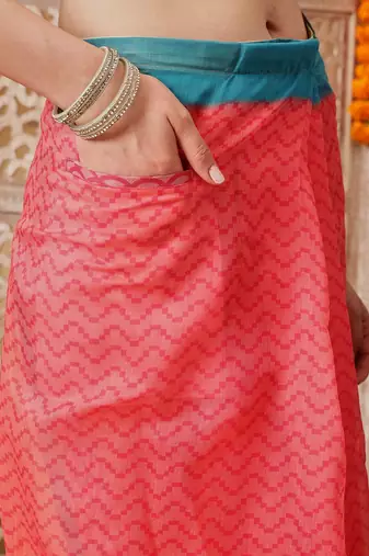 Coral printed cotton blend ethnic saree with blouse piece