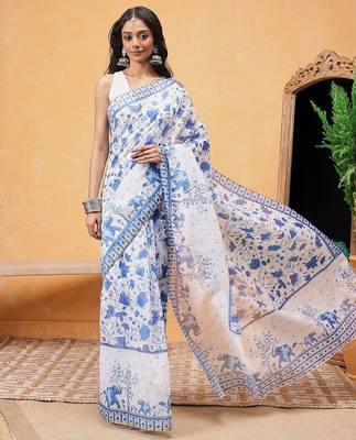 White printed cotton blend ethnic saree with blouse piece 2