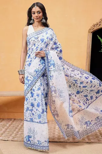 White printed cotton blend ethnic saree with blouse piece
