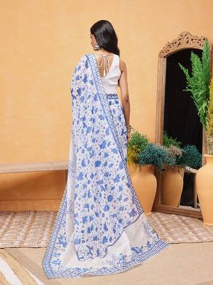 White printed cotton blend ethnic saree with blouse piece 3