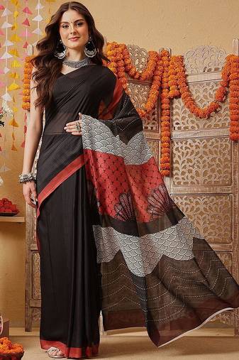 Black printed cotton blend ethnic saree with blouse piece
