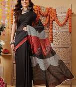 Black printed cotton blend ethnic saree with blouse piece