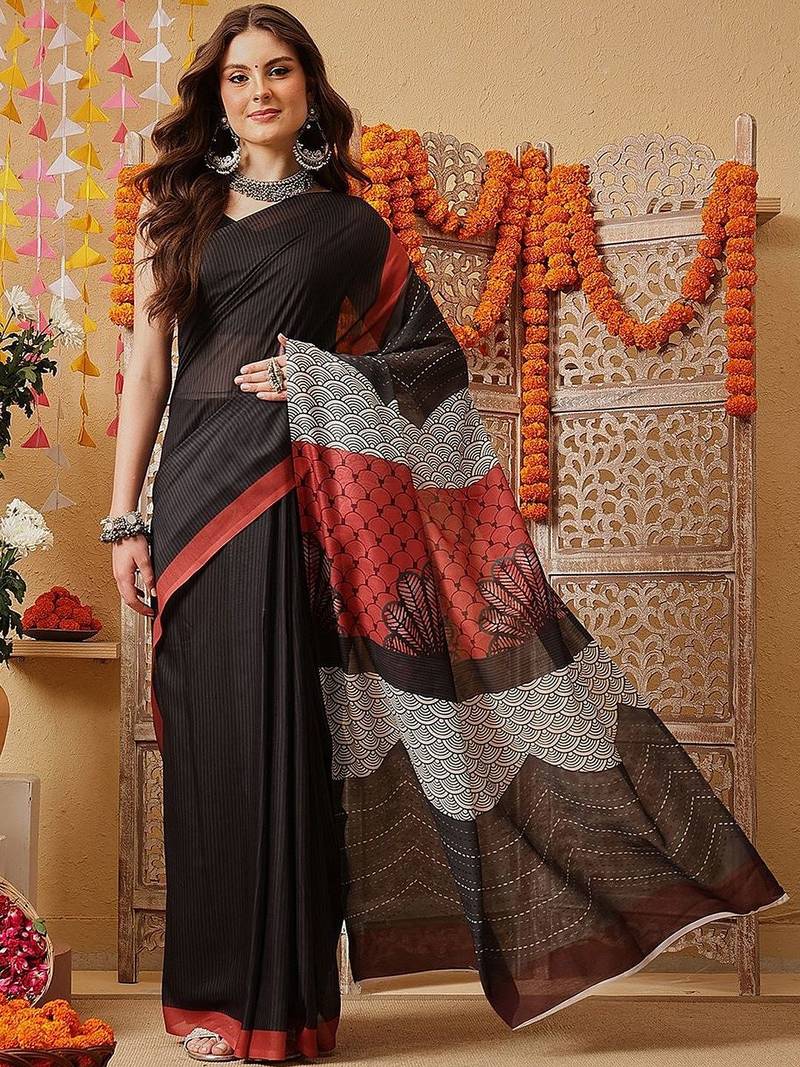 Black printed cotton blend ethnic saree with blouse piece