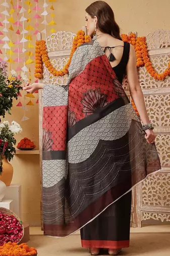 Black printed cotton blend ethnic saree with blouse piece