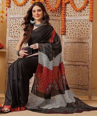 Black printed cotton blend ethnic saree with blouse piece 3