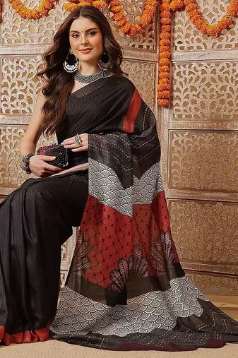 Black printed cotton blend ethnic saree with blouse piece