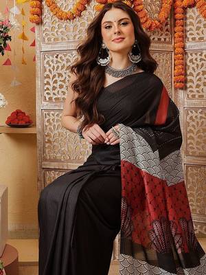 Black printed cotton blend ethnic saree with blouse piece 4