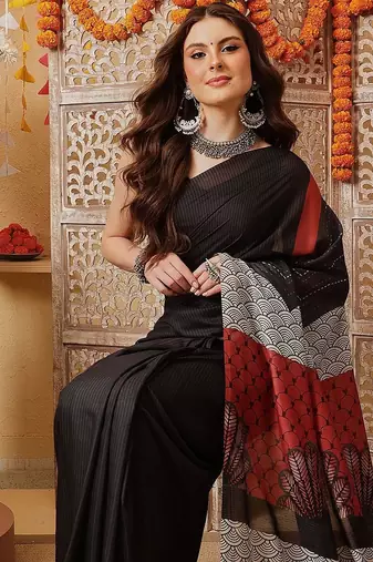 Black printed cotton blend ethnic saree with blouse piece