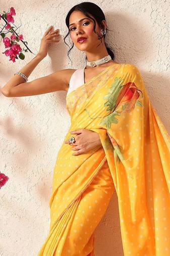 Mustard printed polycotton casual wear saree with blouse piece
