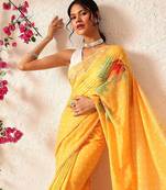 Mustard printed polycotton casual wear saree with blouse piece
