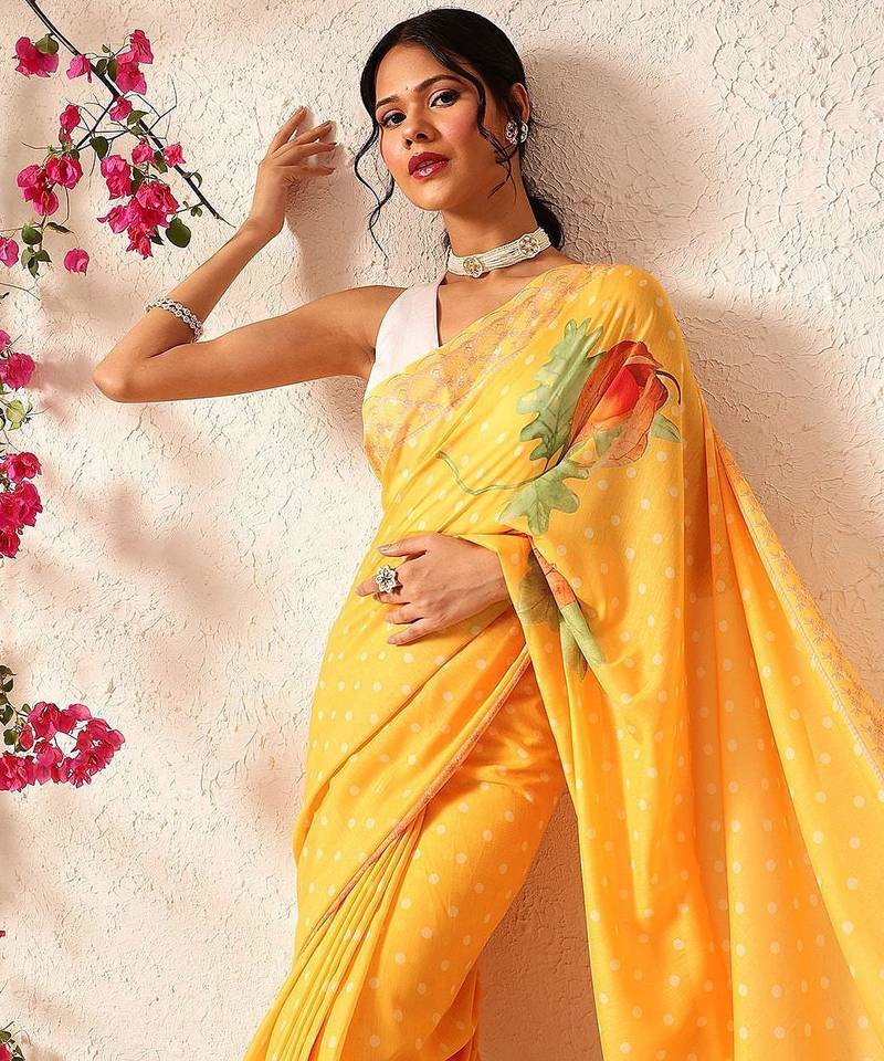 Mustard printed polycotton casual wear saree with blouse piece