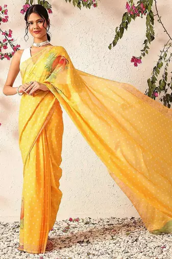 Mustard printed polycotton casual wear saree with blouse piece