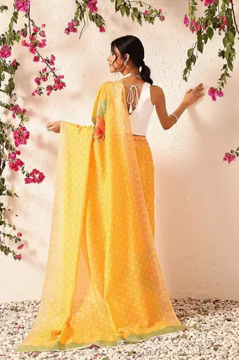 Mustard printed polycotton casual wear saree with blouse piece