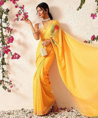 Mustard printed polycotton casual wear saree with blouse piece 4