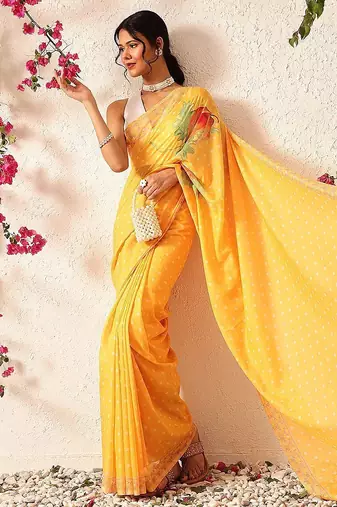 Mustard printed polycotton casual wear saree with blouse piece