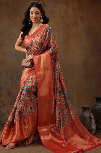 Blue printed silk blend ethnic saree with blouse piece