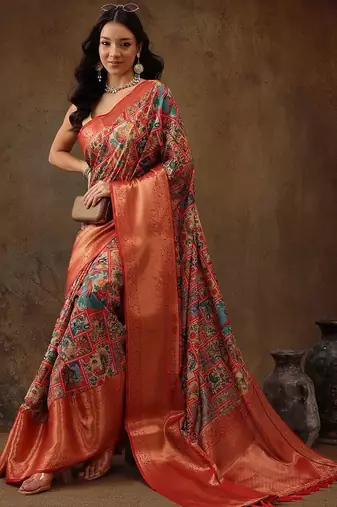 Blue printed silk blend ethnic saree with blouse piece