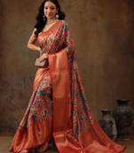Blue printed silk blend ethnic saree with blouse piece