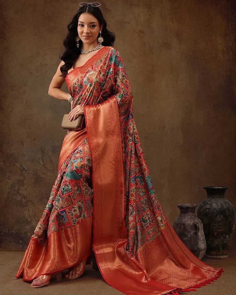 Blue printed silk blend ethnic saree with blouse piece
