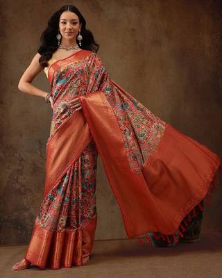 Blue printed silk blend ethnic saree with blouse piece 2