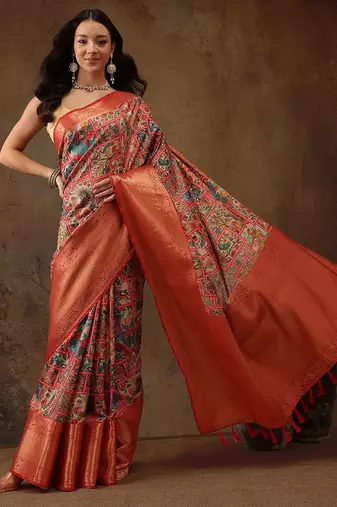 Blue printed silk blend ethnic saree with blouse piece