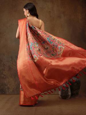Blue printed silk blend ethnic saree with blouse piece 3