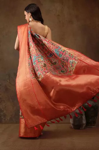 Blue printed silk blend ethnic saree with blouse piece
