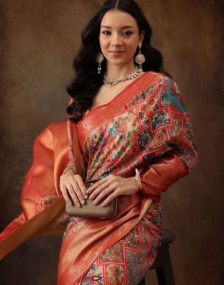Blue printed silk blend ethnic saree with blouse piece 4
