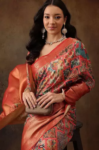 Blue printed silk blend ethnic saree with blouse piece