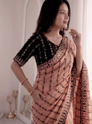 Stunning peach viscose rangoli silk saree with black embroidery and mirror work 3