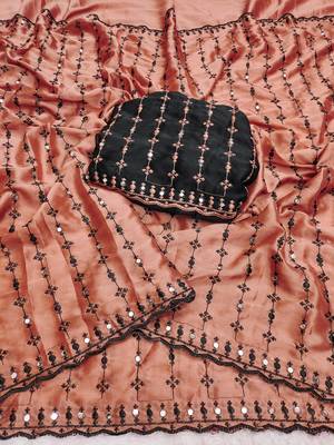 Stunning peach viscose rangoli silk saree with black embroidery and mirror work 4