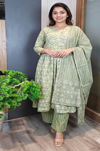 Women's pista green cotton printed anarkali suit set