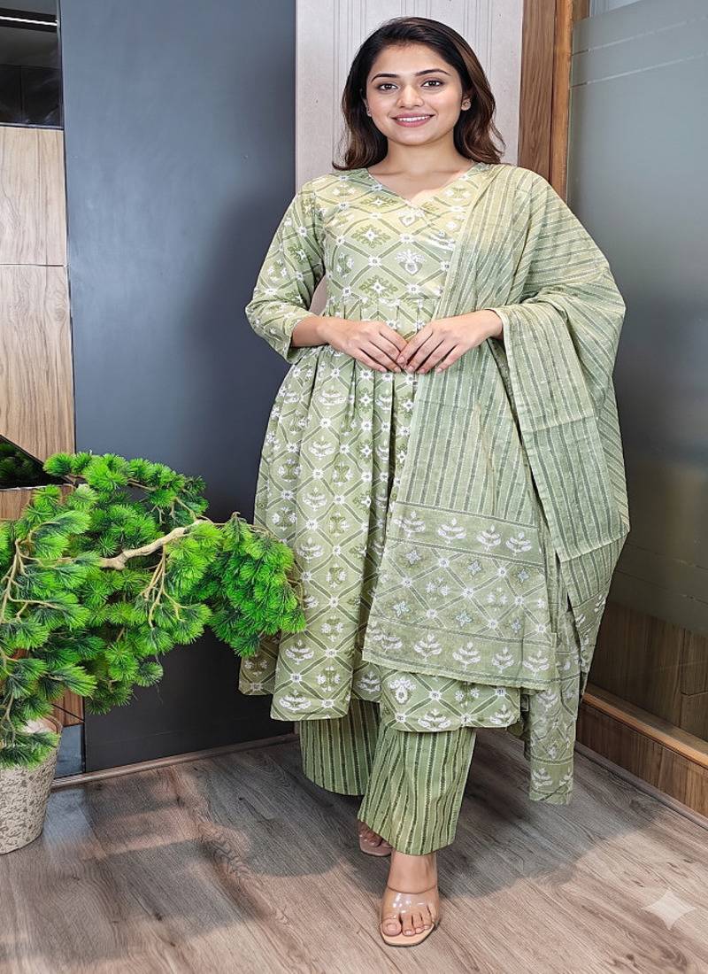Women's pista green cotton printed anarkali suit set