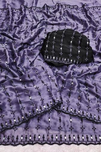 Stunning purple viscose rangoli silk saree with black embroidery and mirror work