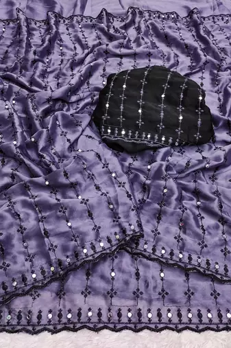 Stunning purple viscose rangoli silk saree with black embroidery and mirror work