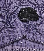 Stunning purple viscose rangoli silk saree with black embroidery and mirror work