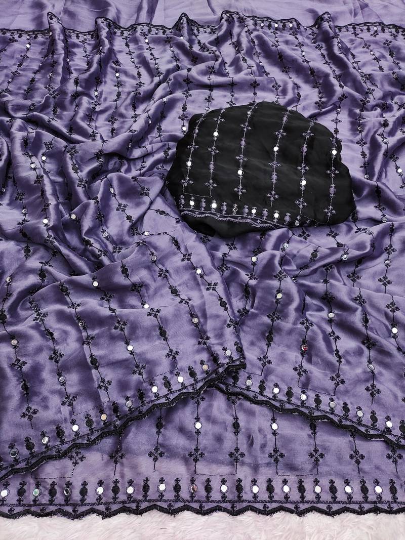 Stunning purple viscose rangoli silk saree with black embroidery and mirror work